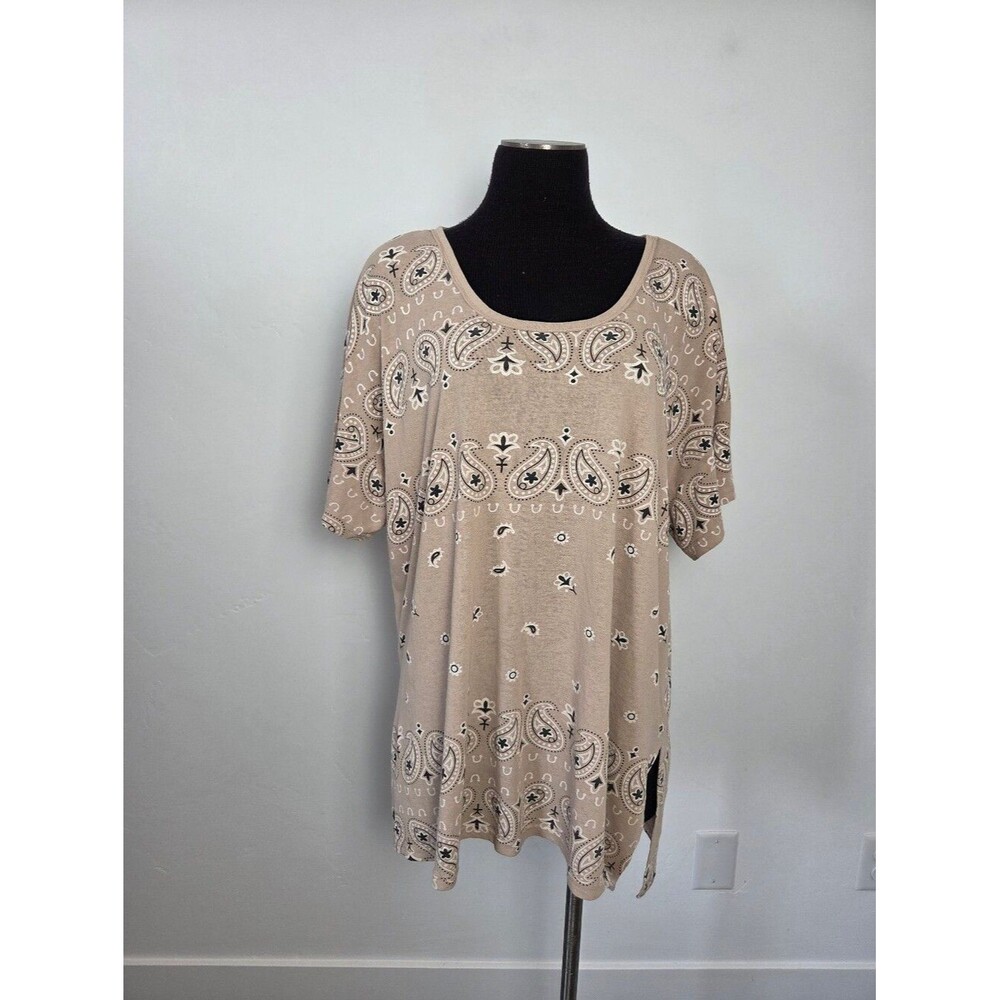Blue B Collection Bandana Paisley Print Tee Shirt Tunic Top Tan Brown Western M